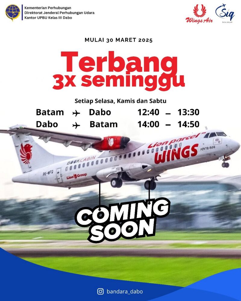 Kabar Baik! Wings Air Kembali Layani Rute Dabo Singkep–Batam Mulai 30 Maret 2025