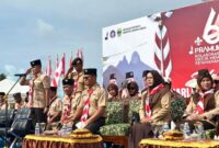 Komandan Pangkalan TNI Angkatan Laut (Danlanal) Dabo Singkep, Letkol Laut (P) Hendro Wicaksono, M.Tr. Opsla., memimpin langsung jalannya Upacara Hari Pramuka ke-64 yang dilaksanakan di Lapangan Implasemen Dabo, Sabtu (23/08/2025) | f. Pen Lanal Dabo Singkep
